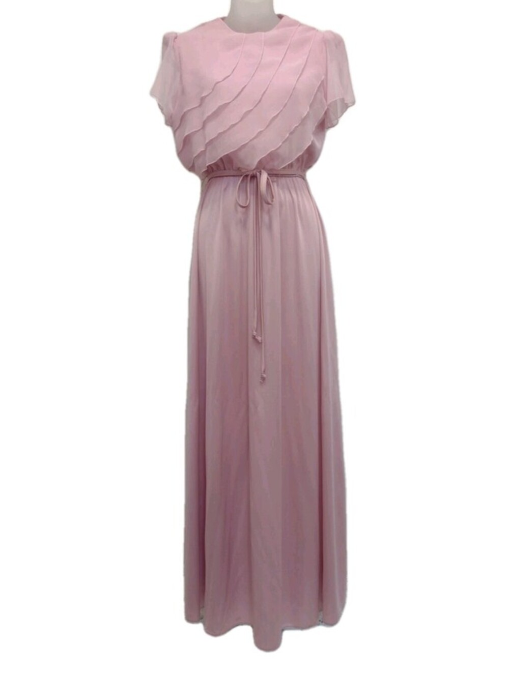 Vintage Pink Chiffon Maxi Dress Romantic Prairie Cottagecore Flutter Sleeve 10